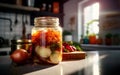 Jar of assorted brined lacto-fermented pickles on a wooden table with desaturated background. Royalty Free Stock Photo
