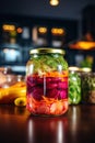 Jar of assorted brined lacto-fermented pickles on a wooden table with desaturated background. Royalty Free Stock Photo