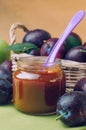 Jar with baby food plum puree with spoon near fresh plums Royalty Free Stock Photo