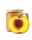 Jar of baby puree and half of fresh peach isolated on white Royalty Free Stock Photo