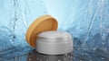 Jar beauty cream moisturizing cosmetics for hands and face. Stream of water and drop hit cosmetic product, white cream. 3d render