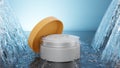 Jar beauty cream moisturizing cosmetics for hands and face. Stream of water and drop hit cosmetic product, white cream. 3d render