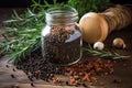 jar of black peppercorns, surrounded by other key ingredients of a simple and delicious recipe Royalty Free Stock Photo