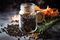 jar of black peppercorns, surrounded by other key ingredients of a simple and delicious recipe Royalty Free Stock Photo