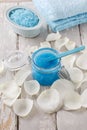 Jar of blue body scrub on wooden table among white rose petals. Royalty Free Stock Photo