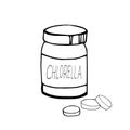 Jar bottle and pills chlorella hand drawn in doodle style. single element for design. super food, algae, pharmacy, medicine
