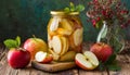 Jar with canned apples and fresh apples on wooden table, flower bouquet near on the table on dark green wall bakground