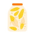 A jar of canned corn. Vector illustration of homemade pickle. Flat style.