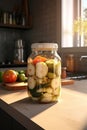 Jar with canned cucumbers and spices on a wooden board after cooking. Place for an inscription or advertising.