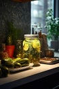 Jar with canned cucumbers and spices on a wooden board after cooking. Place for an inscription or advertising.