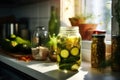 Jar with canned cucumbers and spices on a wooden board after cooking. Place for an inscription or advertising.