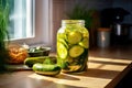 Jar with canned cucumbers and spices on a wooden board after cooking. Place for an inscription or advertising.