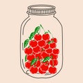 Jar with cherry. Compote. Vector in cartoon style.