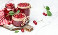 Jar of cherry jam and sour cherries. Berries cherry with syrup. Ripe ripe Sweet red cherries. Canned fruit on a light background Royalty Free Stock Photo