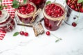 Jar of cherry jam and sour cherries. Berries cherry with syrup. Ripe ripe cherries. Sweet red cherries. Canned fruit. place for Royalty Free Stock Photo