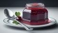 A Jar Of Cherry Jelly With A Spoon On A White Plate. Generative AI