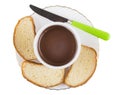 Jar of chocolate paste, bread, knife in plate on white Royalty Free Stock Photo