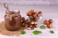Jar with chocolate spread with hazelnuts on a white wooden background.Close-up. Royalty Free Stock Photo