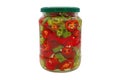 A jar of chopped hot peppers and pickles isolated on a white background Royalty Free Stock Photo