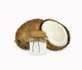 Jar of coconut oil and fresh coconuts isolated on white Royalty Free Stock Photo