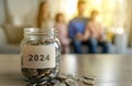 Jar with 2024 coins and family in the background. Family budget and financial planning concept. Savings and income