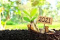 Jar of coins on soil with growing plant beside a 2021 sign. Start wise by investing or grow money in business on year 2021 concept