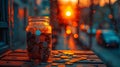 Jar of coins at sunset - generative ai Royalty Free Stock Photo