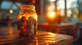 Jar of coins at sunset - generative ai Royalty Free Stock Photo
