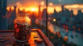 Jar of coins at sunset - generative ai Royalty Free Stock Photo