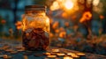 Jar of coins at sunset - generative ai Royalty Free Stock Photo