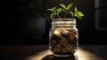 A jar of coins with a young plant on a wooden table, illustrating the concept of investing and capital growth