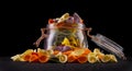 Jar of colorful farfalle pasta on wooden table isolated on black background