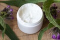 A jar of comfrey cream with fresh symphytum plant Royalty Free Stock Photo