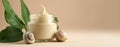 Jar Cosmetic products cream, gel, serum with snail mucin, Asian cosmetics, pastel background. Spa and relaxation concept