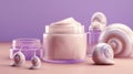 Jar Cosmetic products cream, gel, serum with snail mucin, Asian cosmetics, violet background. Spa and relaxation concept