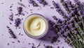 A jar of cream with purple flowers in the background