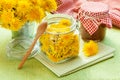 Jar of dandelion, blowball jam and flowers