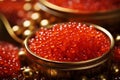 Jar of delicious fresh salmon fish red caviar, close up. AI generated