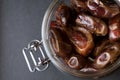 Jar of dried dates, close up, view from above Royalty Free Stock Photo