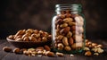Mix of Assorted Nuts in Glass Jar with Bowl on Dark Wood Table Royalty Free Stock Photo