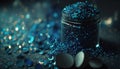 a jar filled with blue glitter next to two white eggs Royalty Free Stock Photo