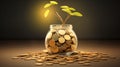 Investment concept, Coins in glass jar with tree growing out of it