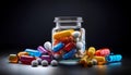 Jar filled with colorful capsules and tablets against a dark background Royalty Free Stock Photo
