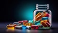 Jar filled with colorful capsules and tablets against a dark background Royalty Free Stock Photo