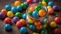 Colorful Gumballs in Glass Jar Scattered on Brown Surface with a Vintage Vibe Royalty Free Stock Photo