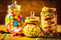 Jar filled with lots of candy sitting on top of wooden table Generative AI Royalty Free Stock Photo