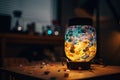 A jar filled with lots of different colored objects. AI generative image.