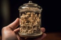 A jar filled with miniature, intricate sculptures