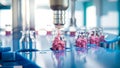 Jar filling with red tablets on a packaging line in a pharmaceutical factory - 3d illustration