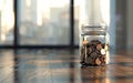 Jar full of coins in minimalistic room. Copy space, blurred background, defocused. Value hacking concept. ROI optimization, Royalty Free Stock Photo